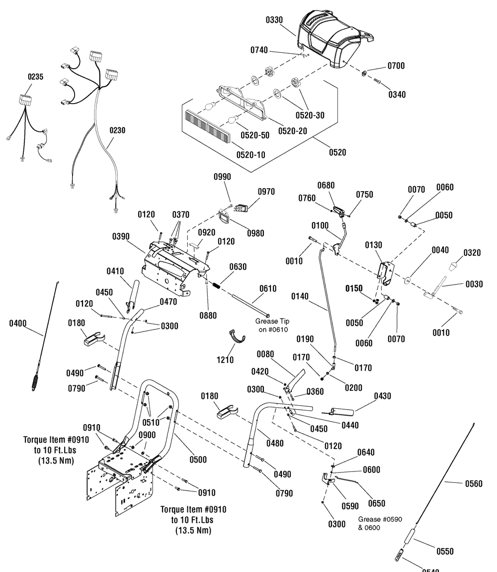 Handles And Controls Group Diagram and Parts List for 1696054-CM741450S 2011 Briggs and Stratton Snow Blower